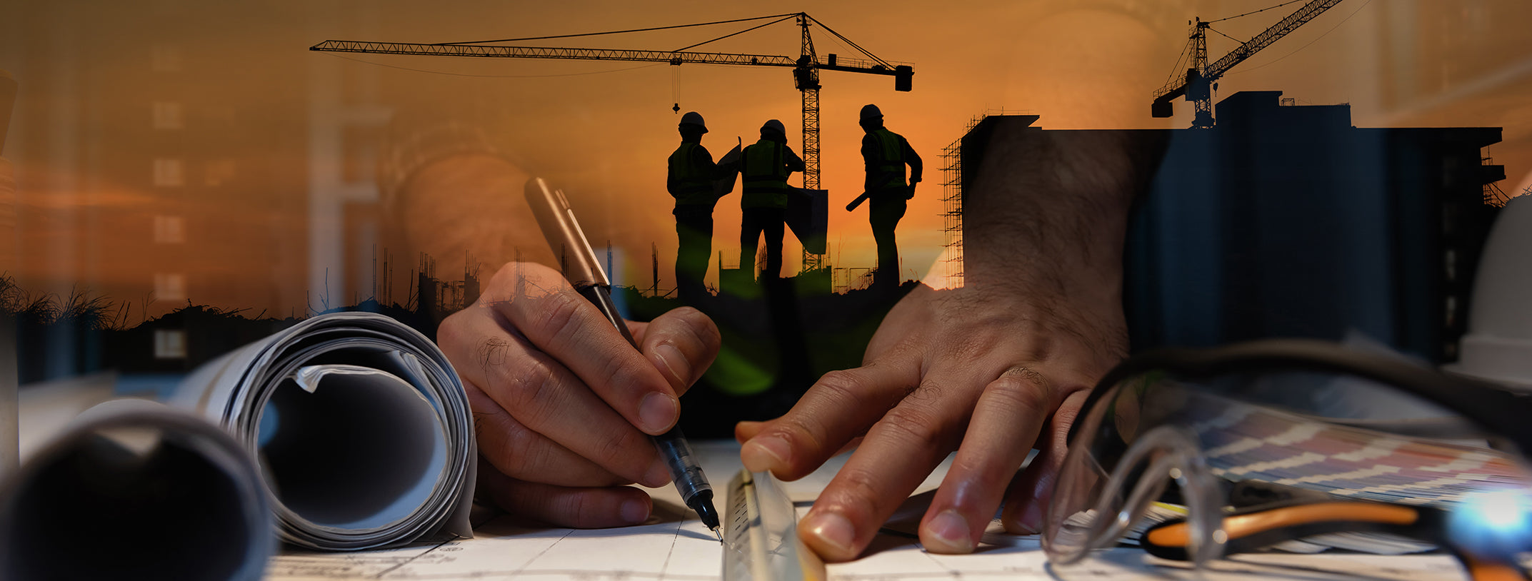 Double exposure of construction workers at a site during sunset and a close-up of hands drafting blueprints