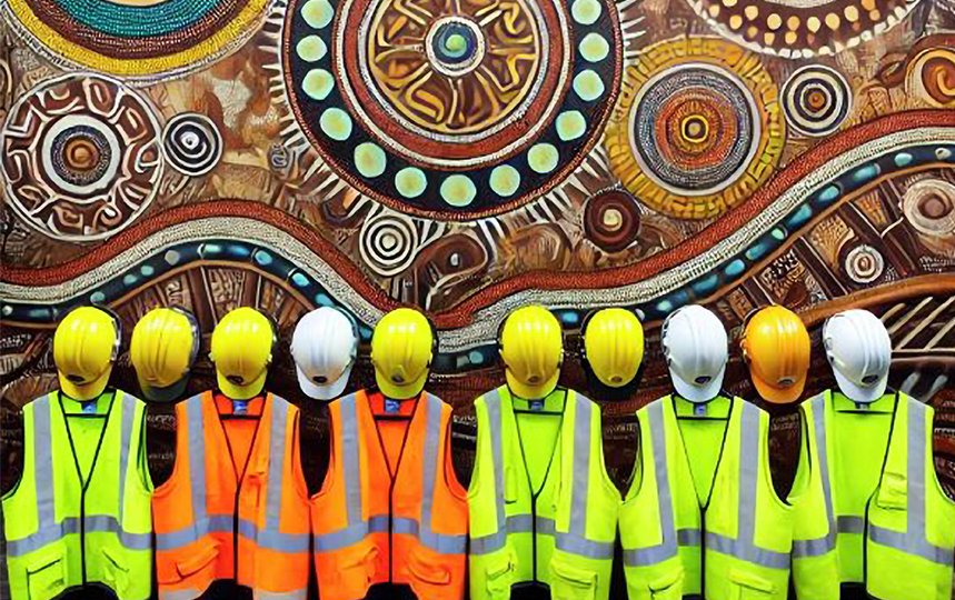 High-visibility safety vests and construction helmets neatly arranged in front of a vibrant Indigenous-style mural